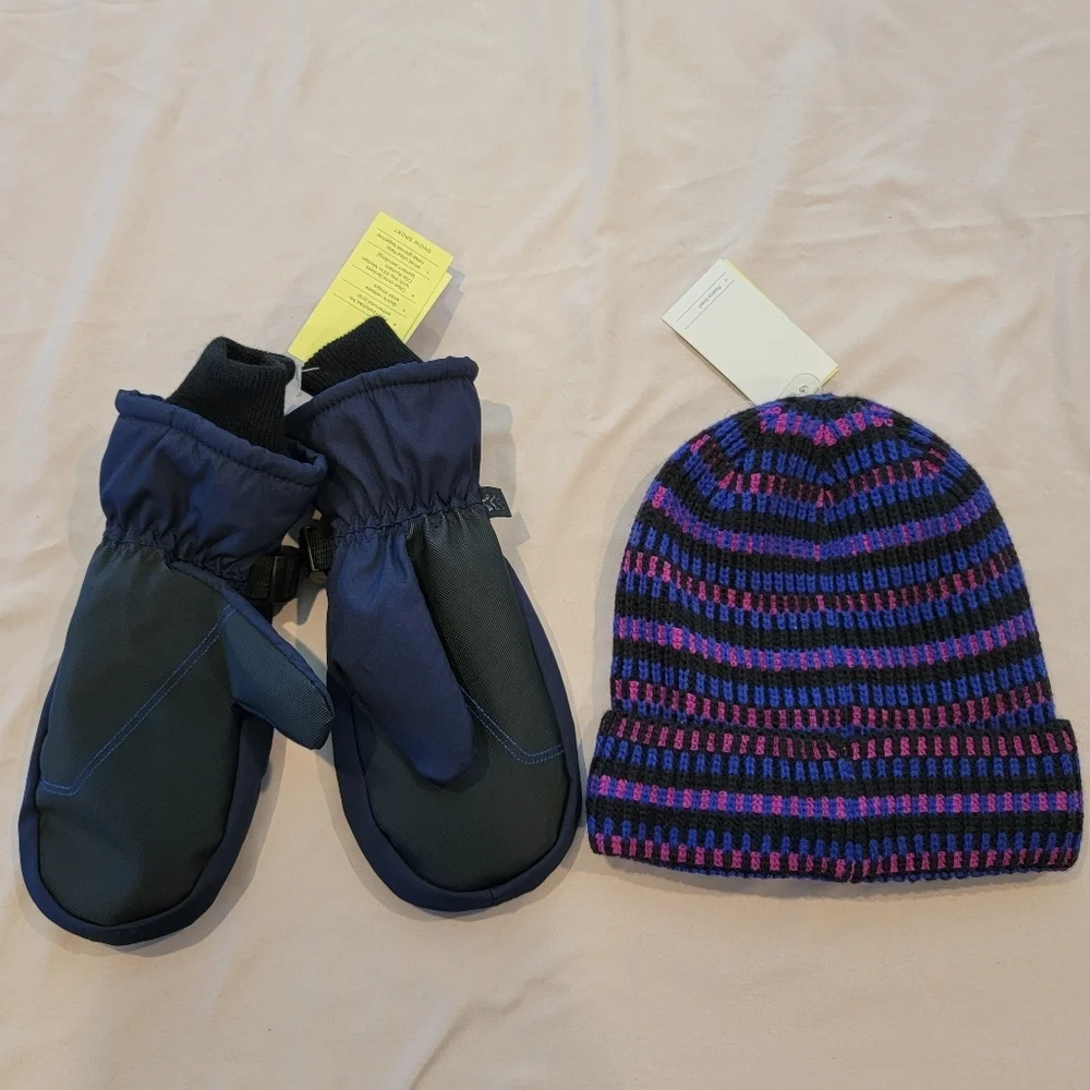 All In Motion Kids Striped Beanie‎ and Blue-Striped Mittens Set
